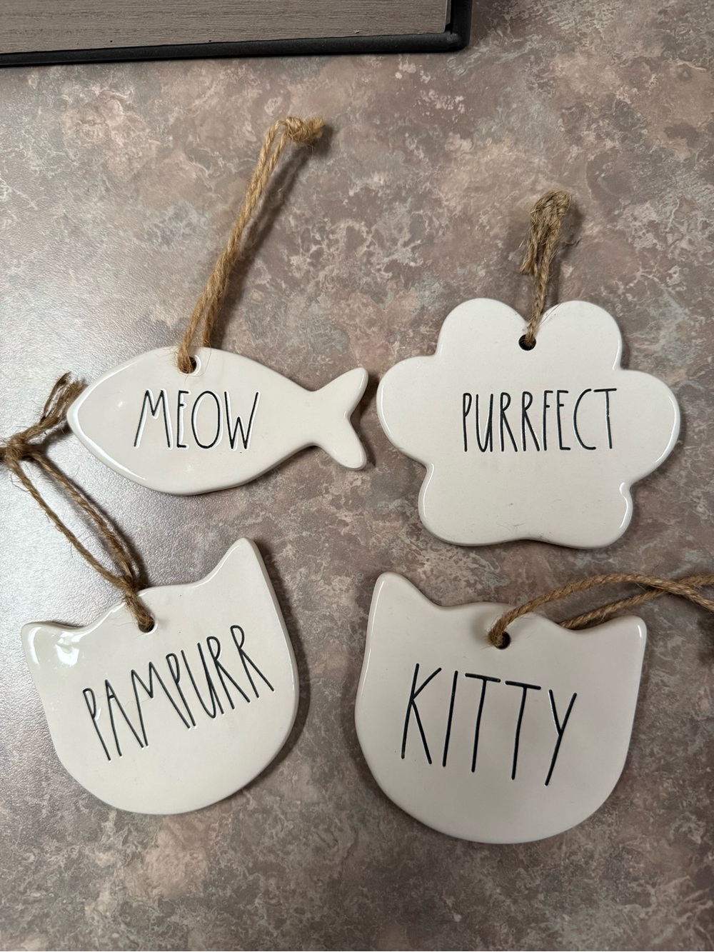Rae Dunn White Ceramic Cat Tags Set - Meow, Purrfect, PamPurrr, Kitty
